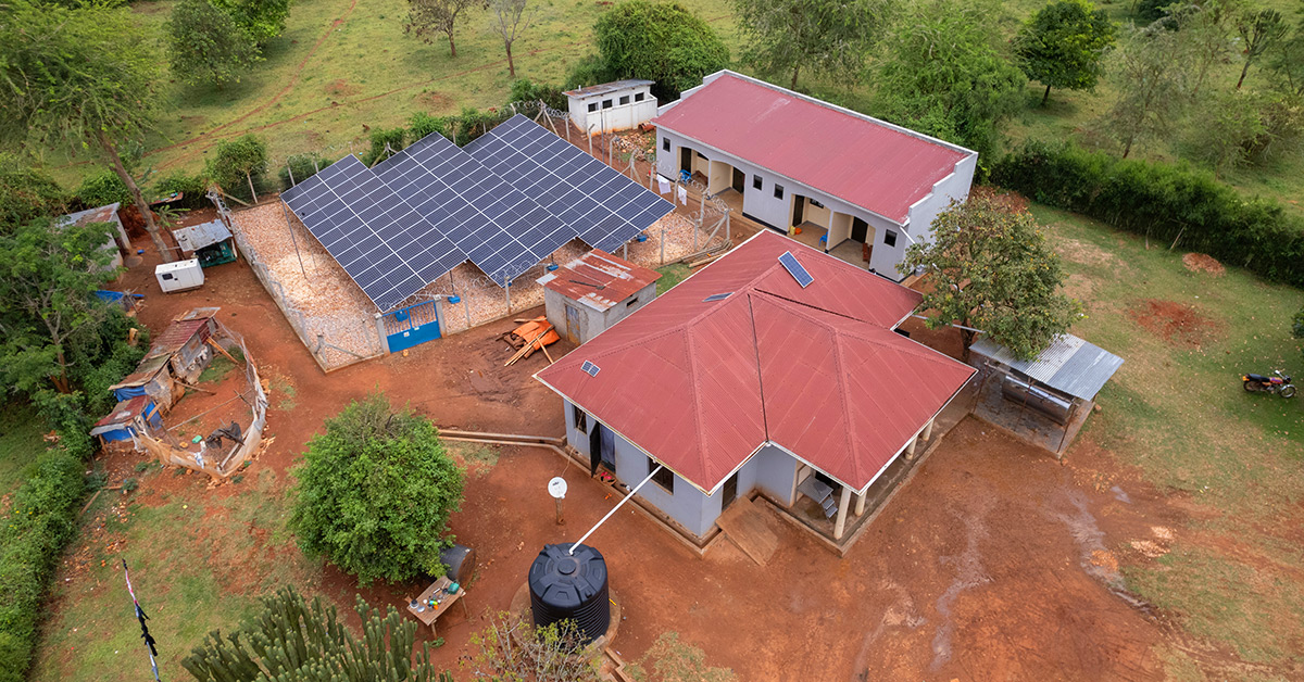 Farm from above showing solar panel mini-grid
