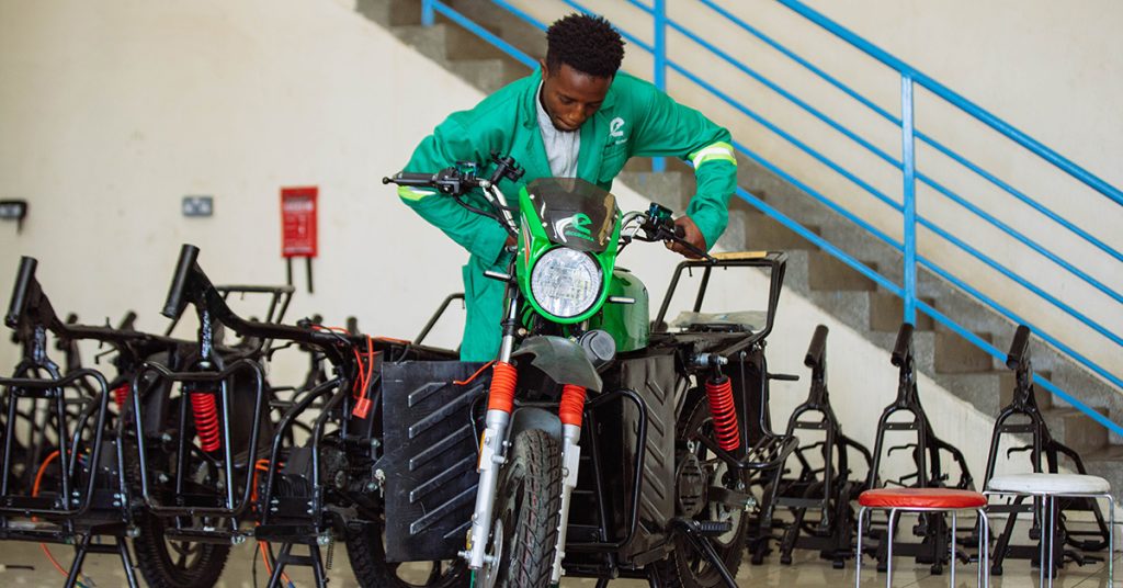 Mechanic working on e-bikes at Ecobodaa in Kenya, 2023
